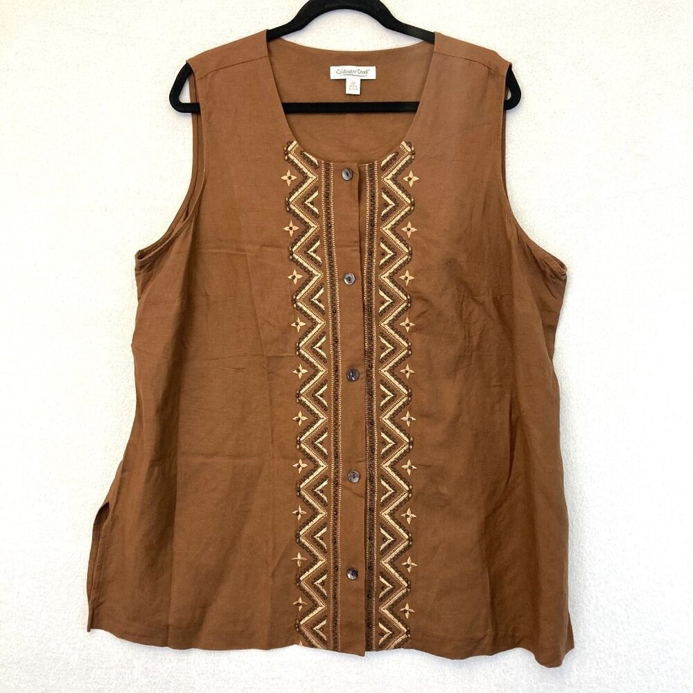 Coldwater Creek Linen Blend Button Up Blouse Top Size 22 Brown Beaded Sleeveless